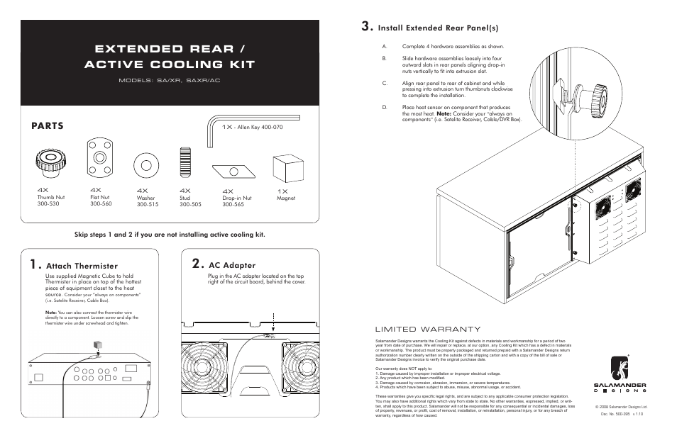 Extended rear / active cooling kit, Parts, Attach thermister | Ac adapter, Install extended rear panel(s) | Salamander Designs SA/XR20/AC User Manual | Page 2 / 2