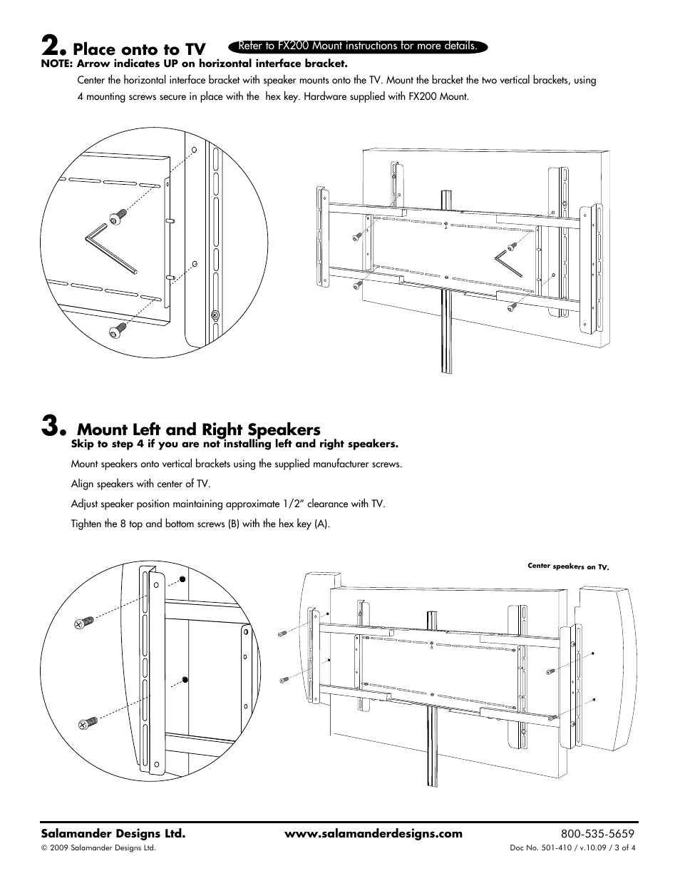 Place onto to tv, Mount left and right speakers | Salamander Designs FX200/LRK User Manual | Page 3 / 4