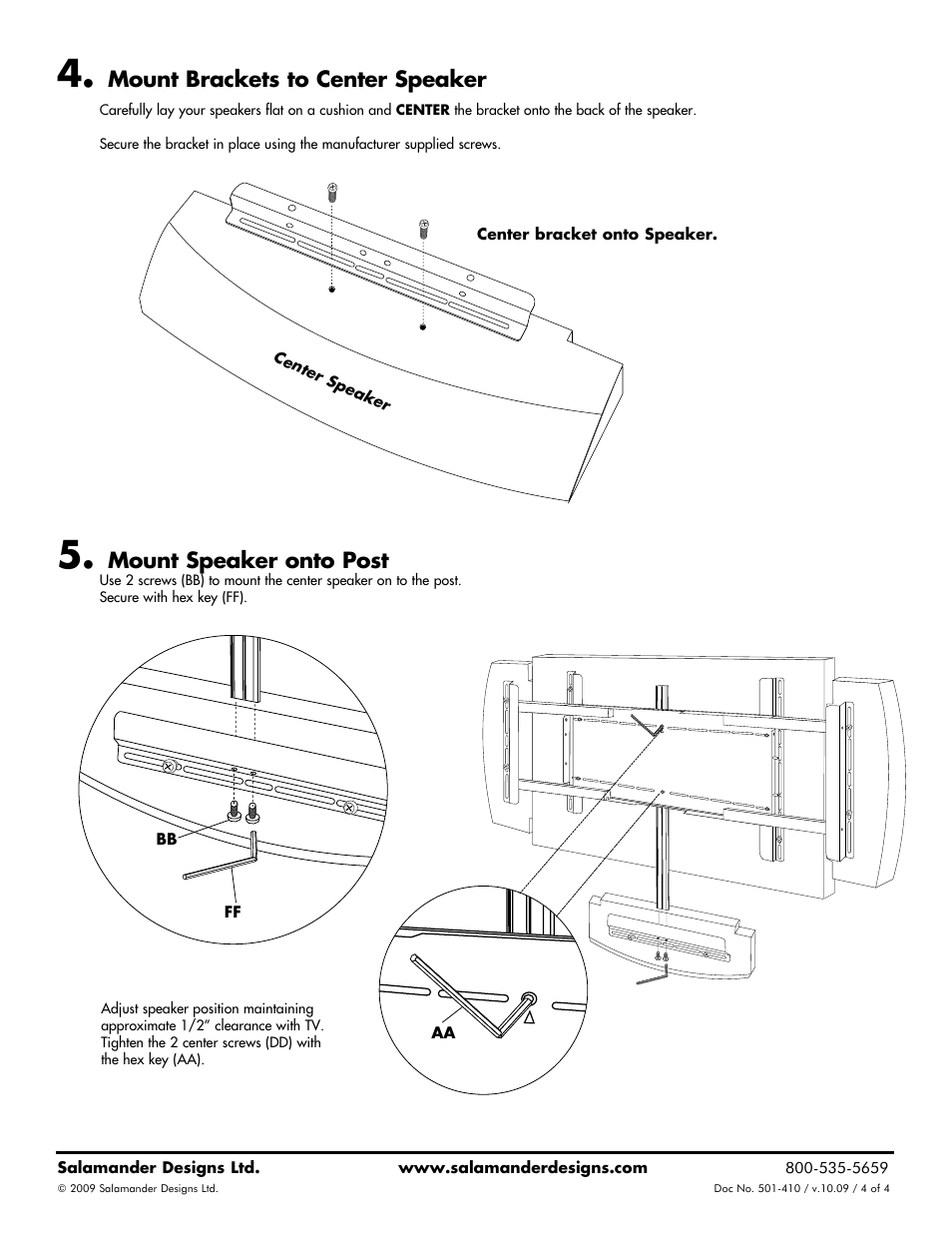 Mount brackets to center speaker, Mount speaker onto post | Salamander Designs FX200/LRK User Manual | Page 4 / 4