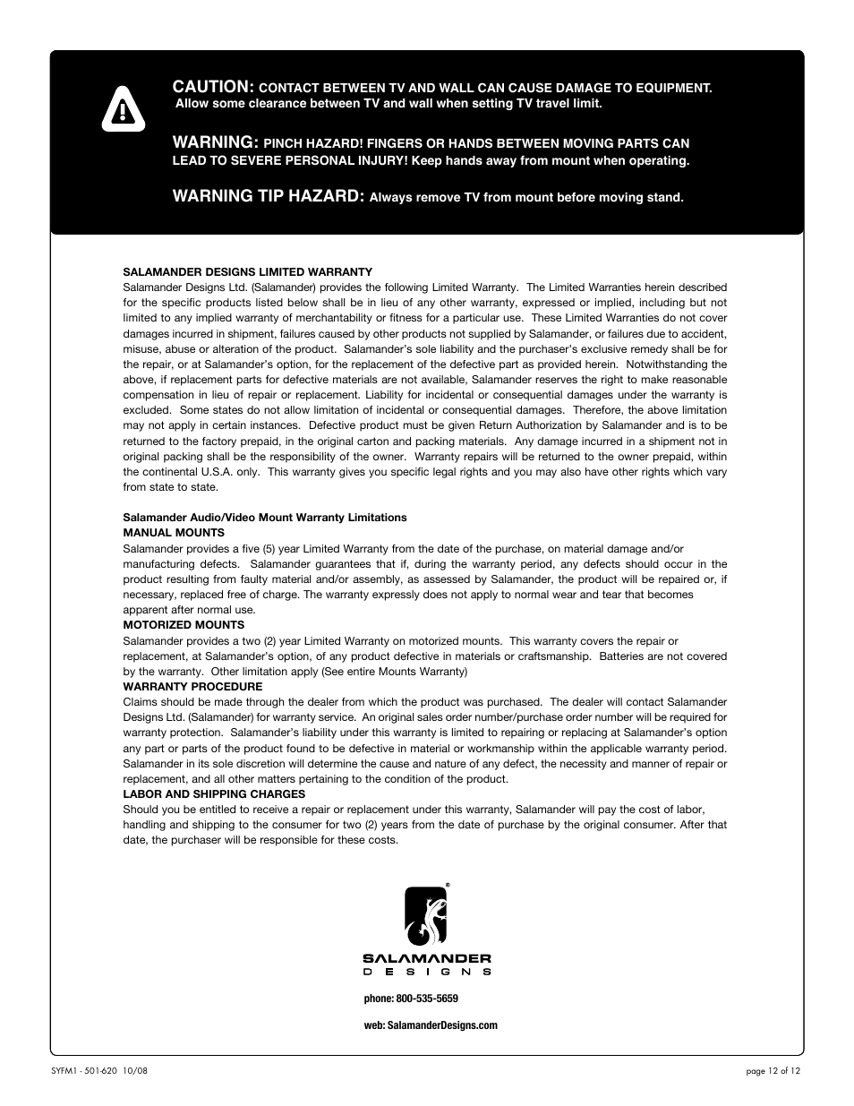Caution, Warning, Warning tip hazard | Salamander Designs SY/FM1 User Manual | Page 12 / 12