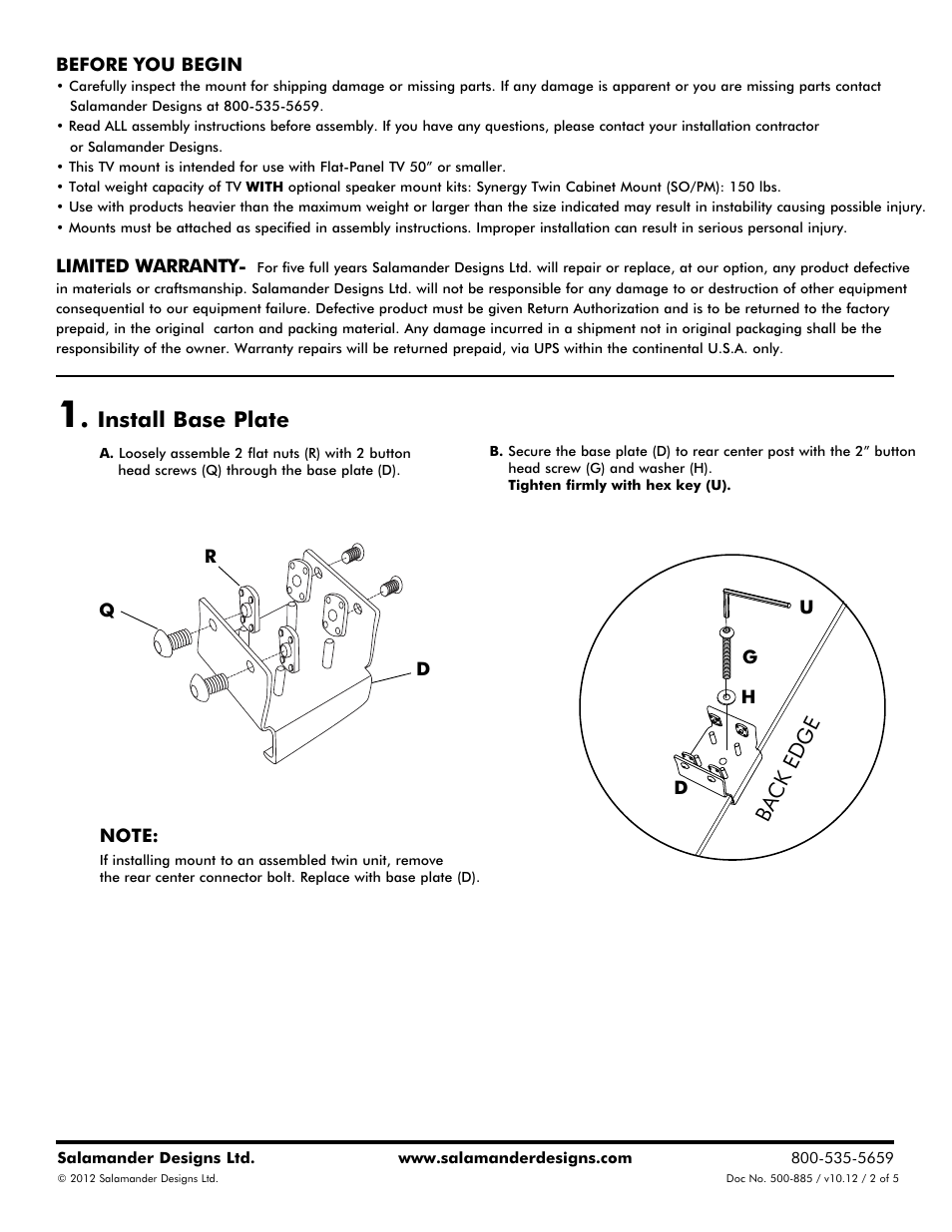 Install base plate, Ba c k ed g e | Salamander Designs SN/PM/A User Manual | Page 2 / 5