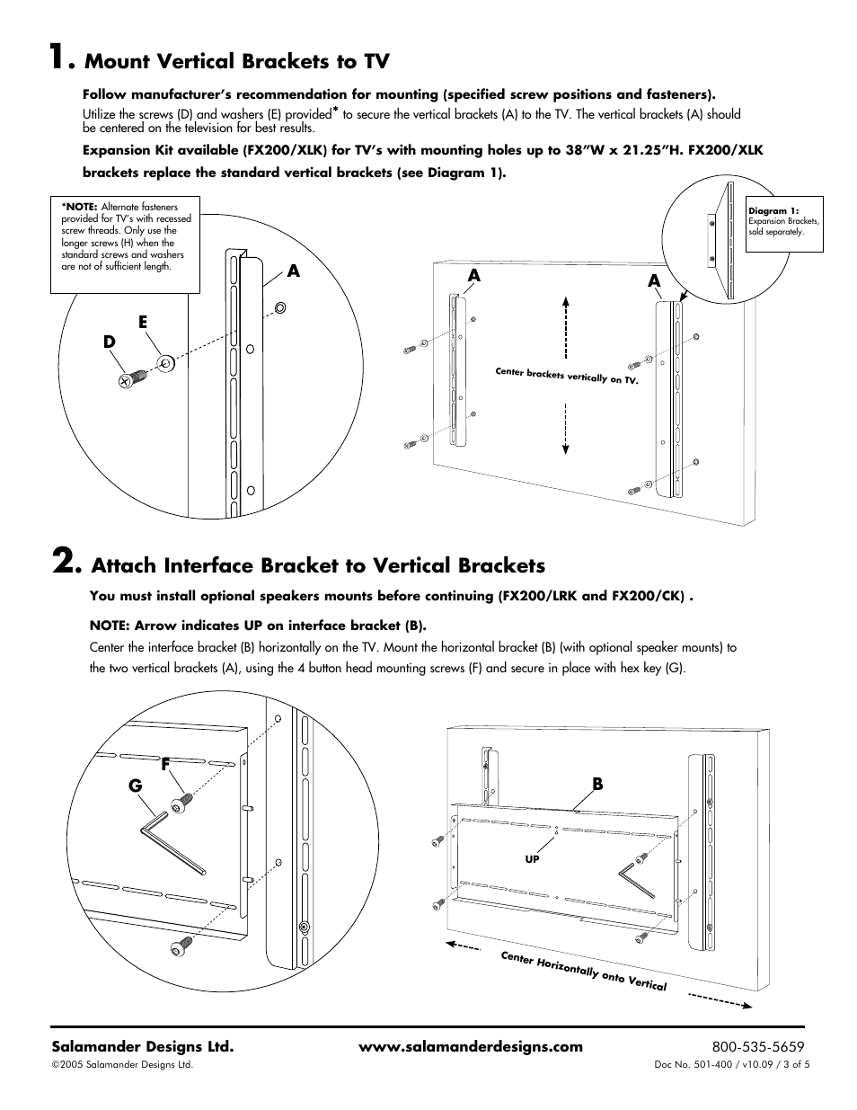 Attach interface bracket to vertical brackets, Mount vertical brackets to tv | Salamander Designs FX200AV/L/BK User Manual | Page 3 / 5