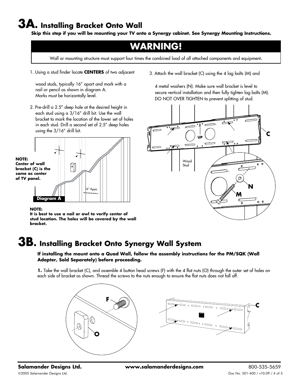 Warning, Installing bracket onto wall, Installing bracket onto synergy wall system | Salamander Designs FX200AV/L/BK User Manual | Page 4 / 5