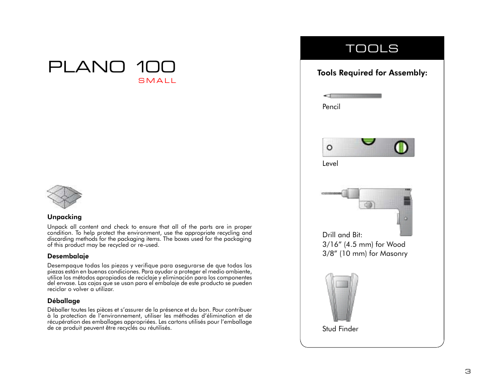 Plano 100, Tools | Salamander Designs PL100/S User Manual | Page 3 / 12