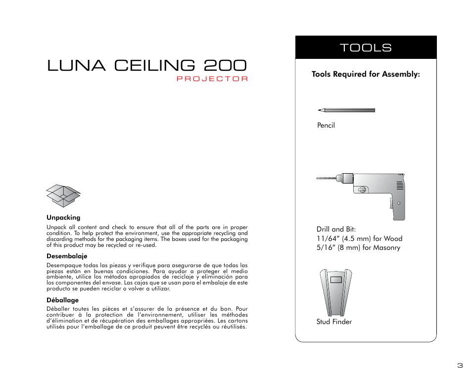 Luna ceiling 200, Tools | Salamander Designs LU200/PJ Projector Mount User Manual | Page 3 / 12