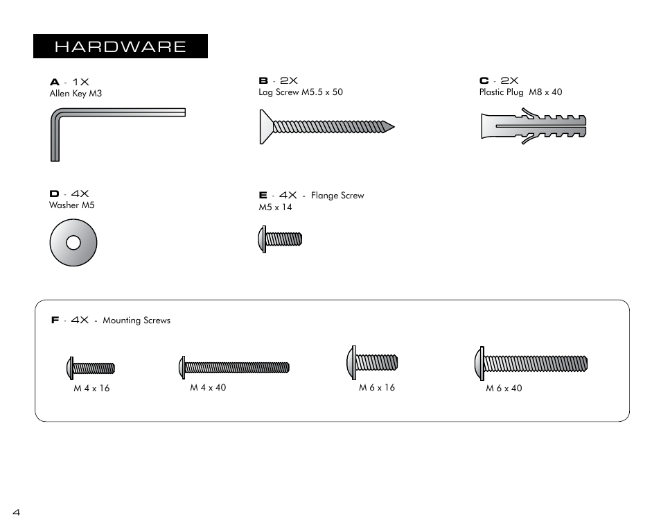 Hardware | Salamander Designs LU200/PJ Projector Mount User Manual | Page 4 / 12
