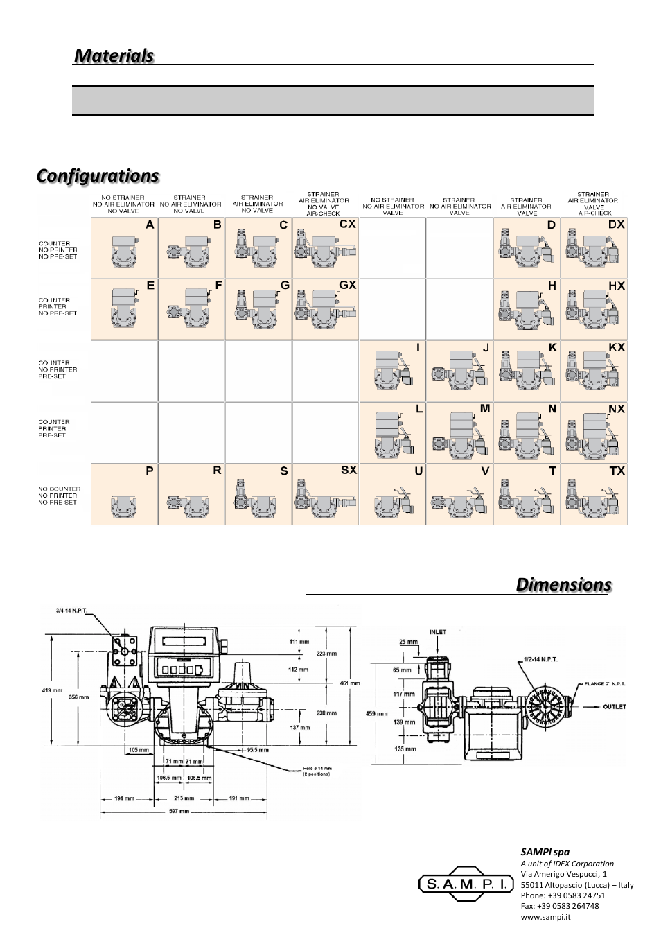 Diapositiva numero 2, Materials configurations dimensions | SAMPI SMA7 Meter User Manual | Page 2 / 2