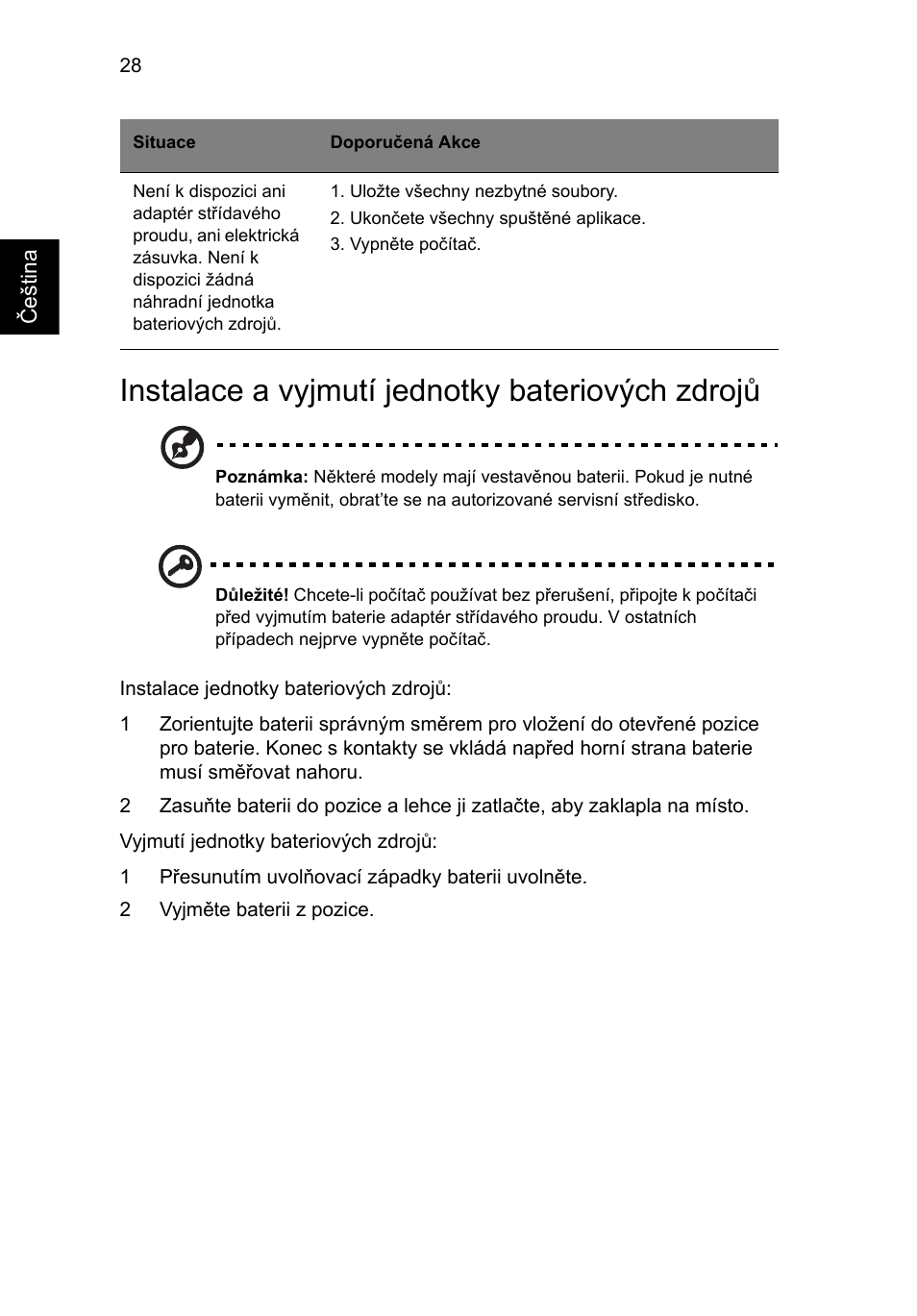 Instalace a vyjmutí jednotky bateriových zdrojů | Acer Aspire 4739Z User Manual | Page 1120 / 2354