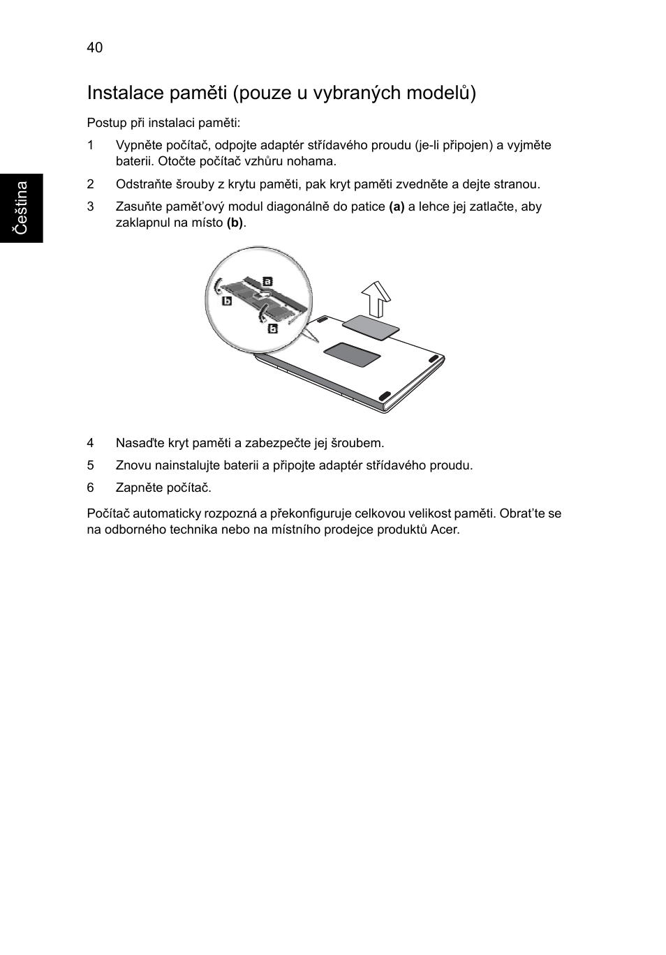 Instalace paměti (pouze u vybraných modelů) | Acer Aspire 4739Z User Manual | Page 1132 / 2354
