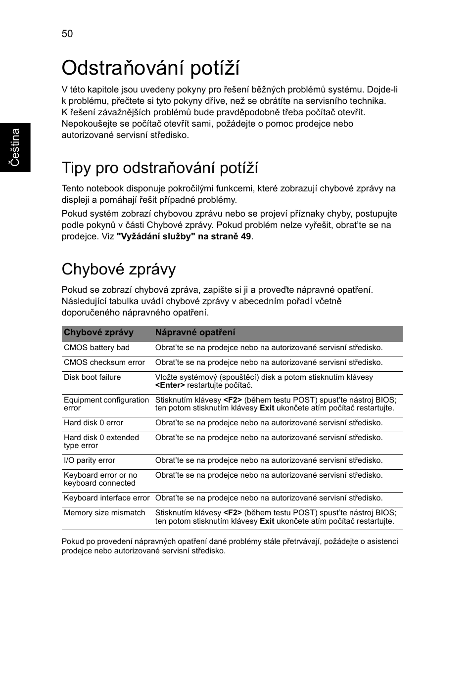 Odstraňování potíží, Tipy pro odstraňování potíží, Chybové zprávy | Češ tin a | Acer Aspire 4739Z User Manual | Page 1142 / 2354