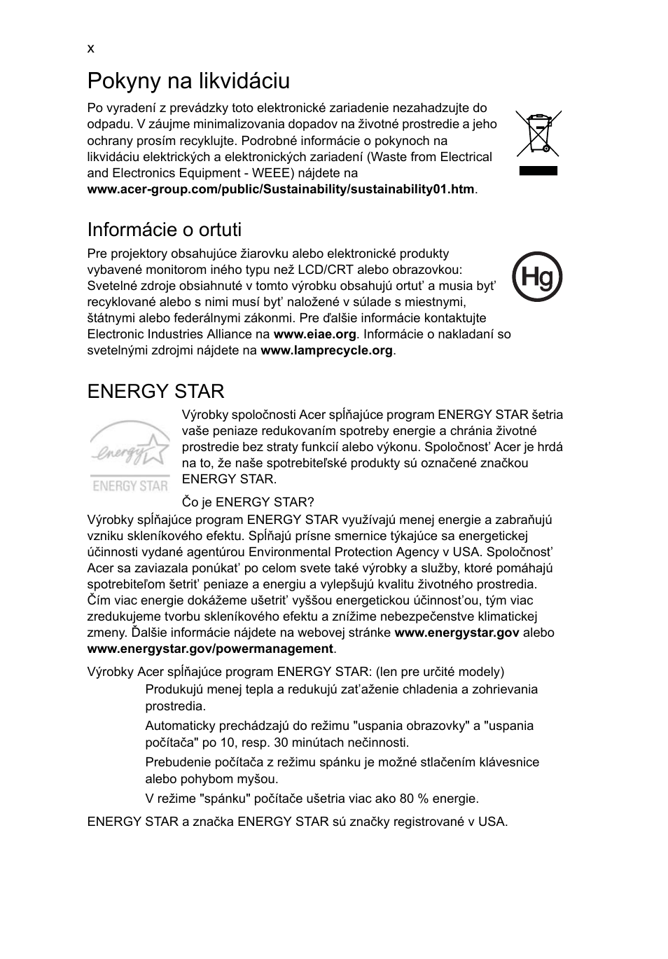 Pokyny na likvidáciu, Informácie o ortuti, Energy star | Acer Aspire 4739Z User Manual | Page 1156 / 2354