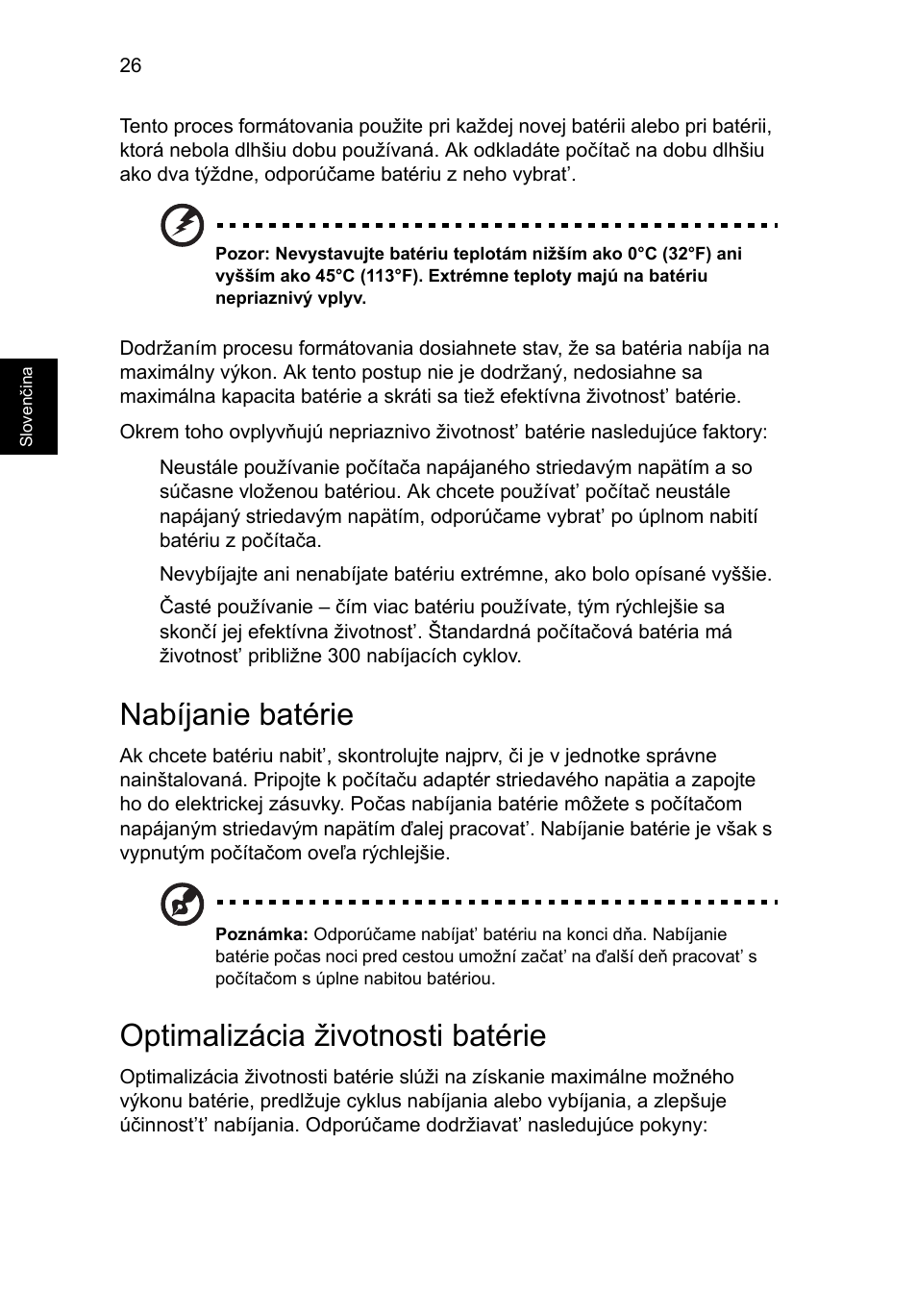 Nabíjanie batérie, Optimalizácia životnosti batérie | Acer Aspire 4739Z User Manual | Page 1192 / 2354