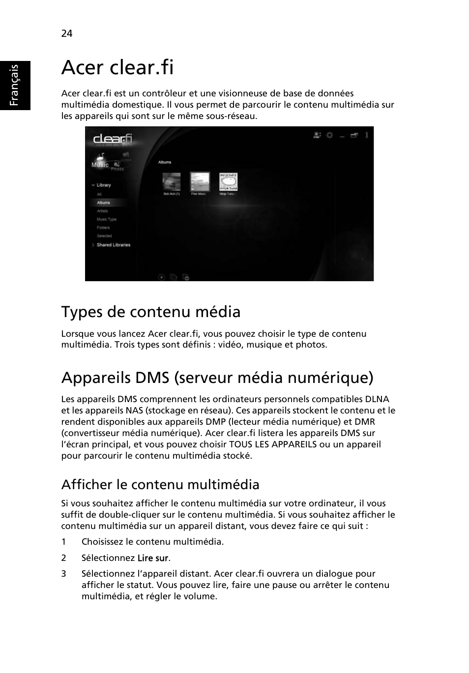 Acer clear.fi, Types de contenu média, Appareils dms (serveur média numérique) | Afficher le contenu multimédia | Acer Aspire 4739Z User Manual | Page 122 / 2354