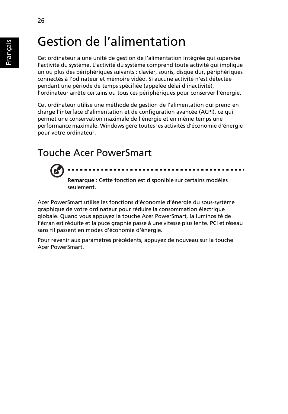 Gestion de l’alimentation, Touche acer powersmart | Acer Aspire 4739Z User Manual | Page 124 / 2354