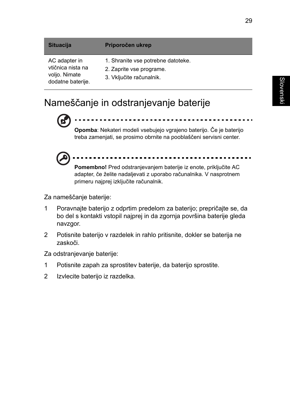 Nameščanje in odstranjevanje baterije | Acer Aspire 4739Z User Manual | Page 1269 / 2354