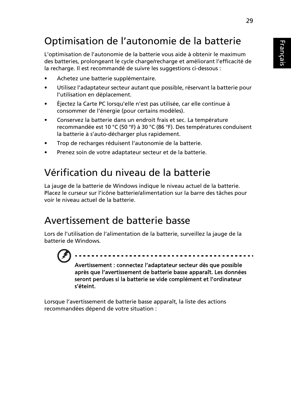 Optimisation de l’autonomie de la batterie, Vérification du niveau de la batterie, Avertissement de batterie basse | Français | Acer Aspire 4739Z User Manual | Page 127 / 2354