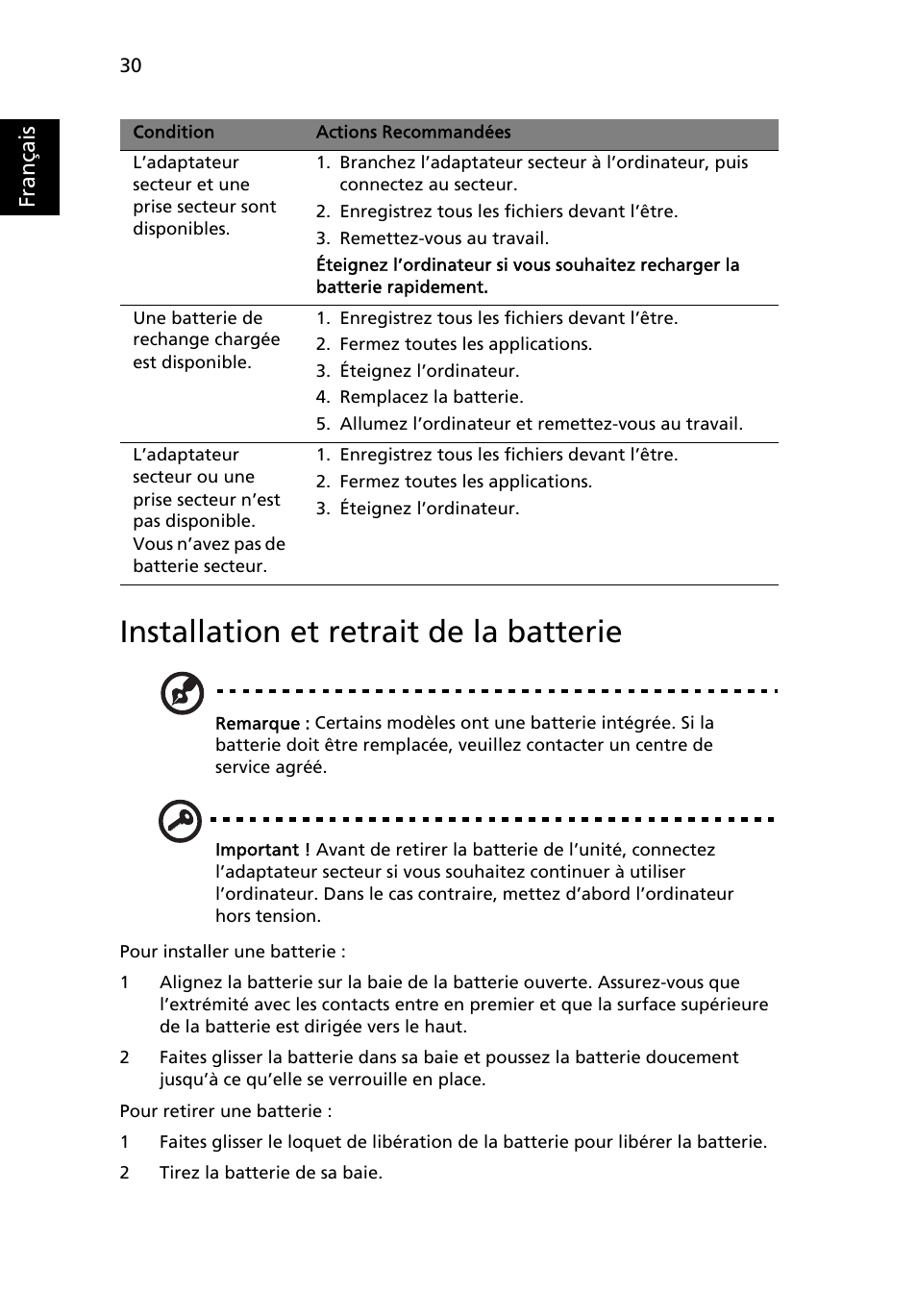 Installation et retrait de la batterie | Acer Aspire 4739Z User Manual | Page 128 / 2354