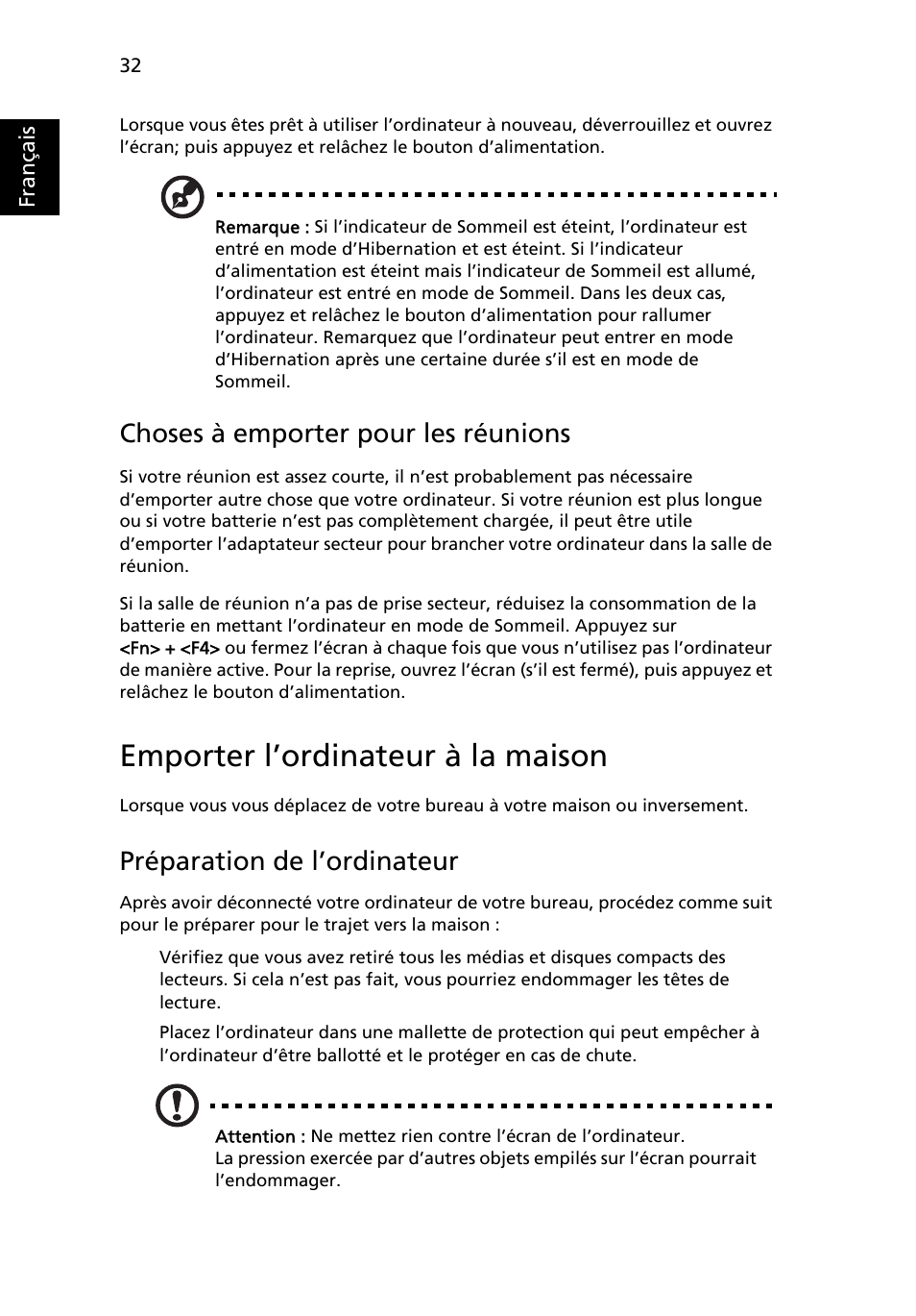 Emporter l’ordinateur à la maison, Choses à emporter pour les réunions, Préparation de l’ordinateur | Acer Aspire 4739Z User Manual | Page 130 / 2354