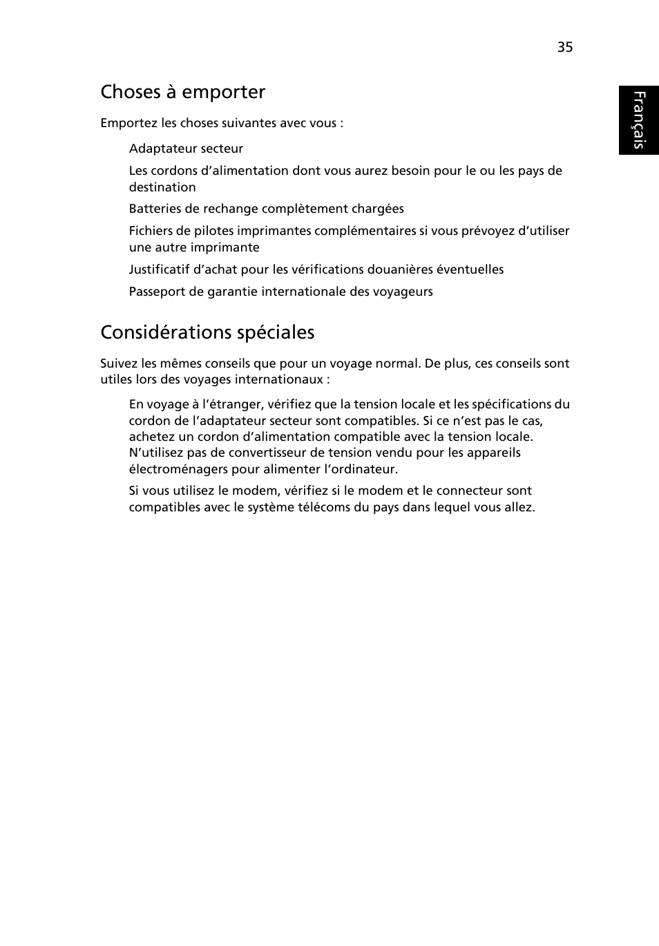 Choses à emporter, Considérations spéciales, Français | Acer Aspire 4739Z User Manual | Page 133 / 2354