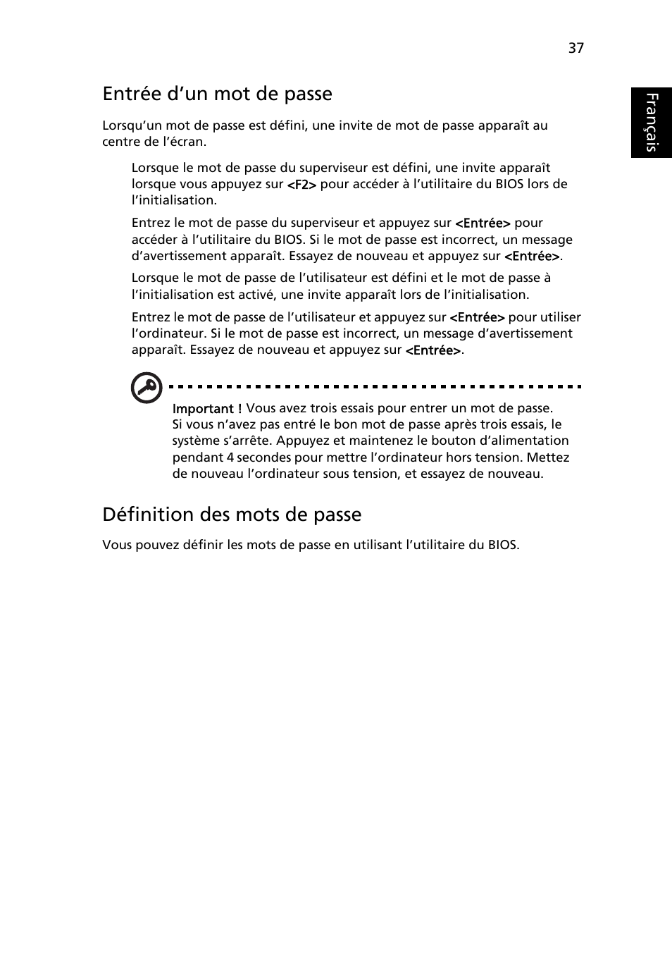 Entrée d’un mot de passe, Définition des mots de passe, Français | Acer Aspire 4739Z User Manual | Page 135 / 2354
