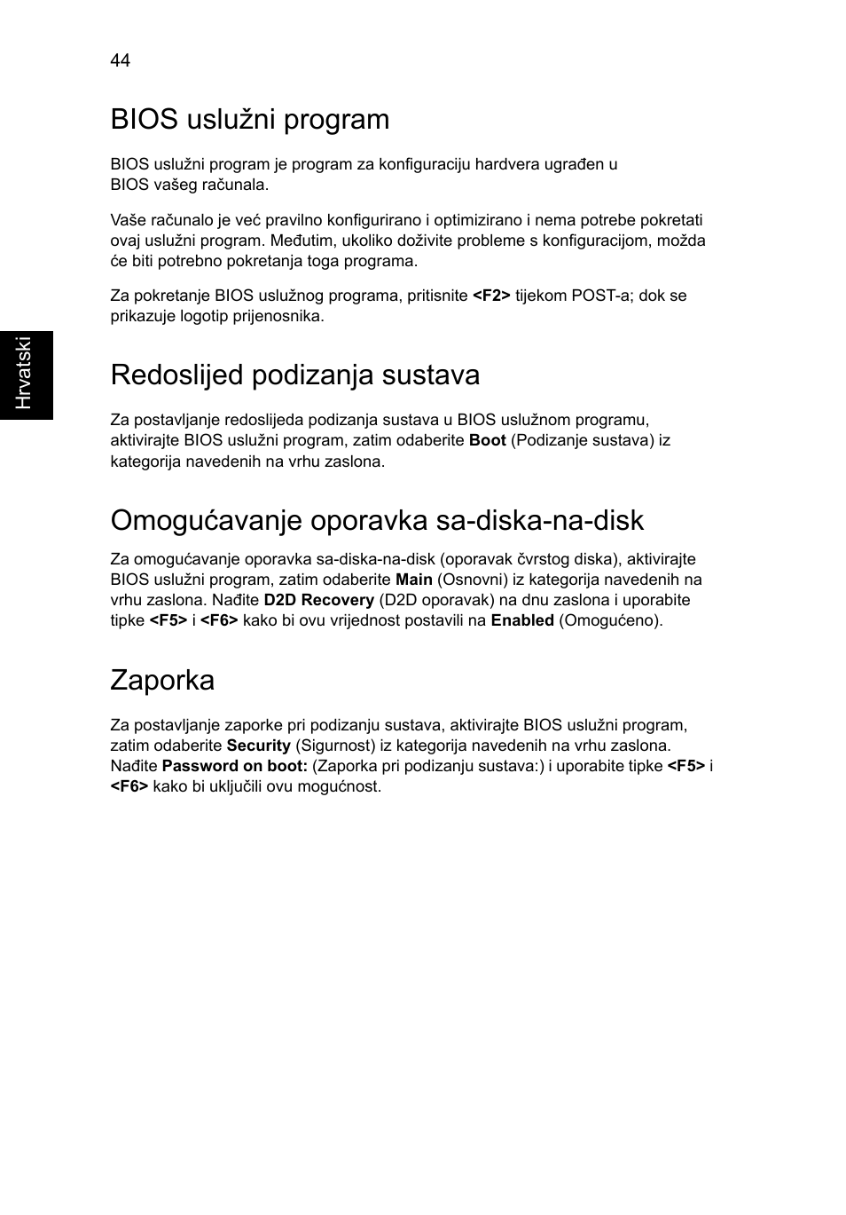 Bios uslužni program, Redoslijed podizanja sustava, Omogućavanje oporavka sa-diska-na-disk | Zaporka | Acer Aspire 4739Z User Manual | Page 1360 / 2354