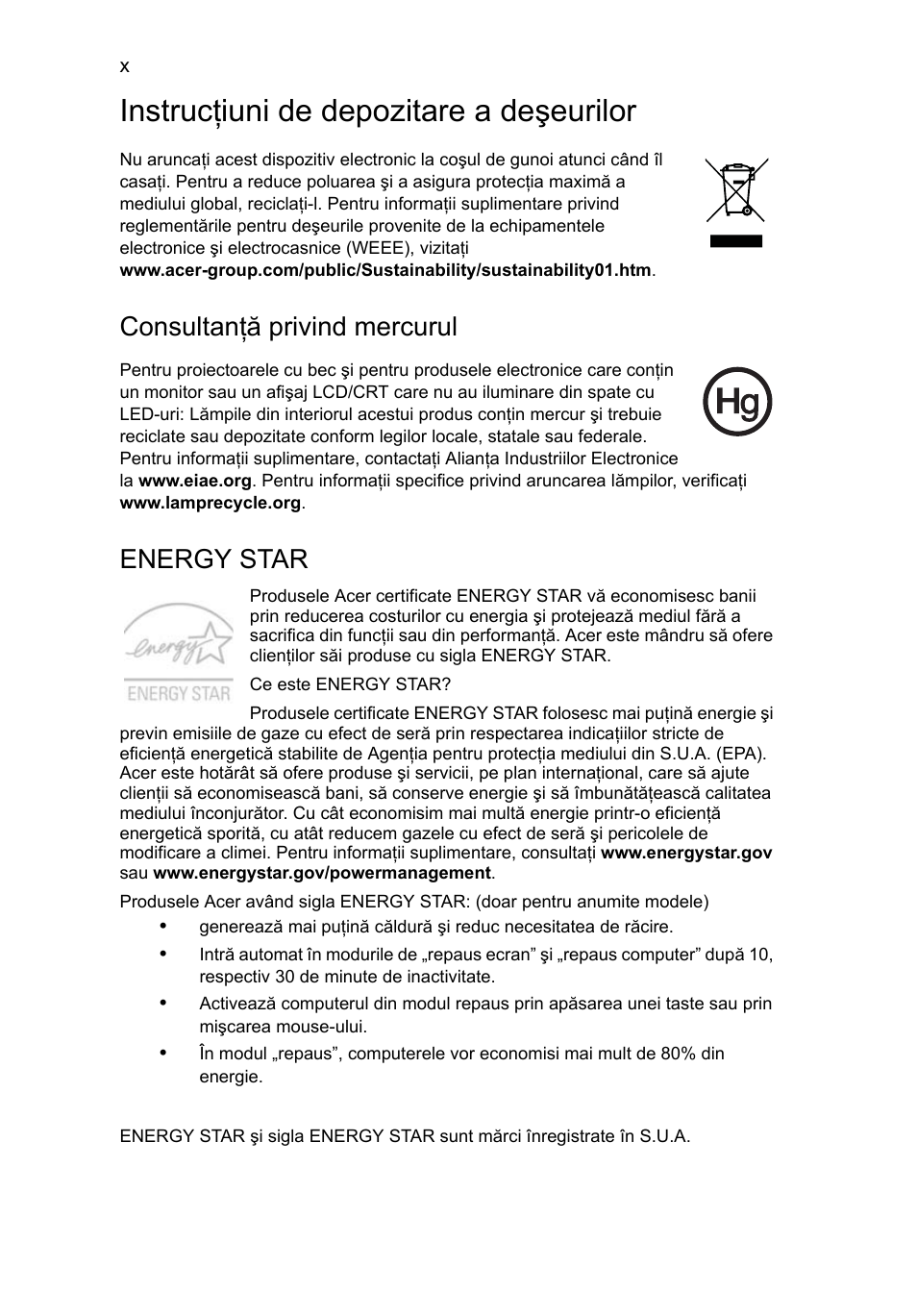 Instrucţiuni de depozitare a deşeurilor, Consultanţă privind mercurul, Energy star | Acer Aspire 4739Z User Manual | Page 1382 / 2354