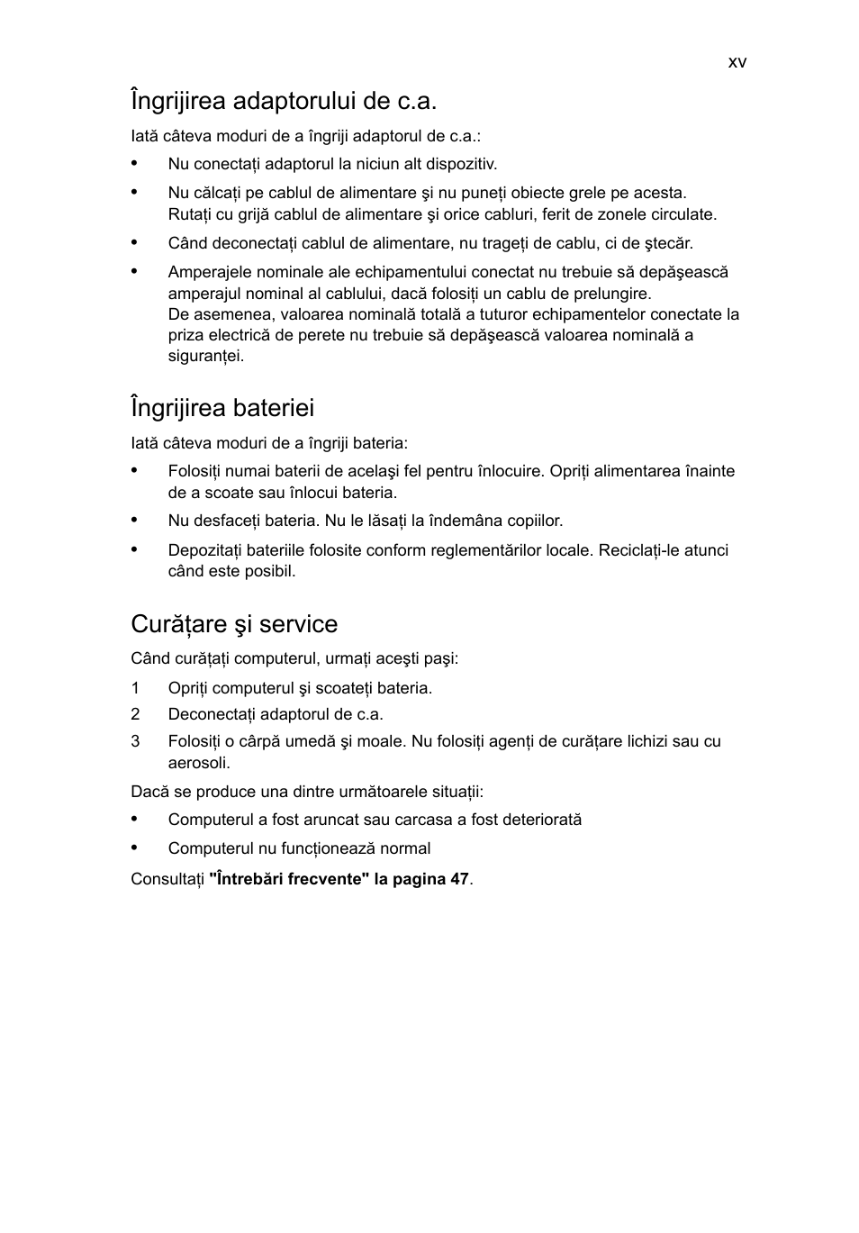 Îngrijirea adaptorului de c.a, Îngrijirea bateriei, Curăţare şi service | Acer Aspire 4739Z User Manual | Page 1387 / 2354