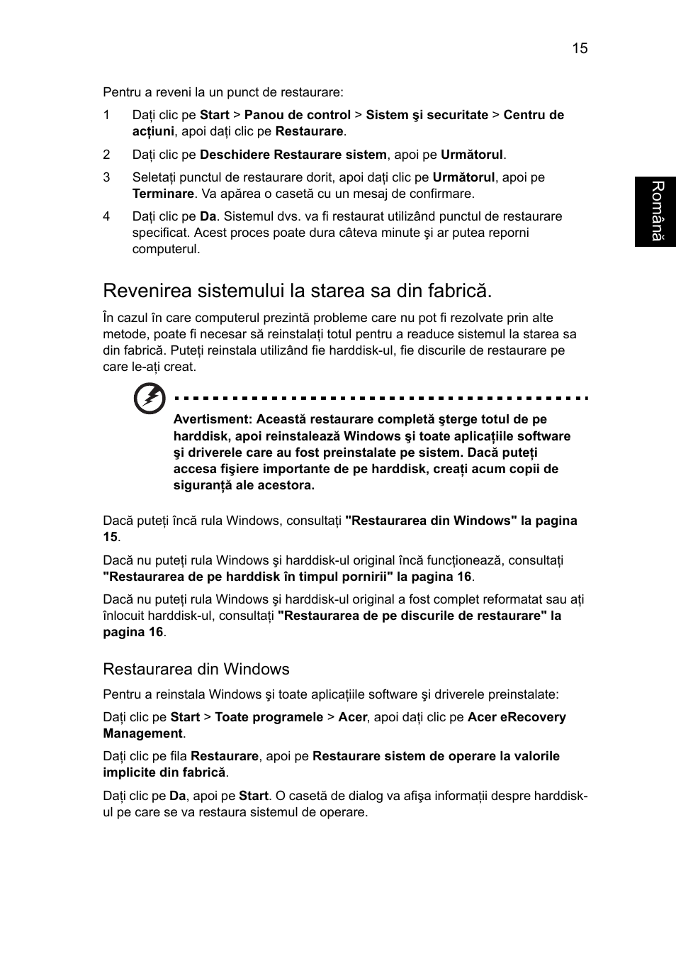 Revenirea sistemului la starea sa din fabrică | Acer Aspire 4739Z User Manual | Page 1407 / 2354