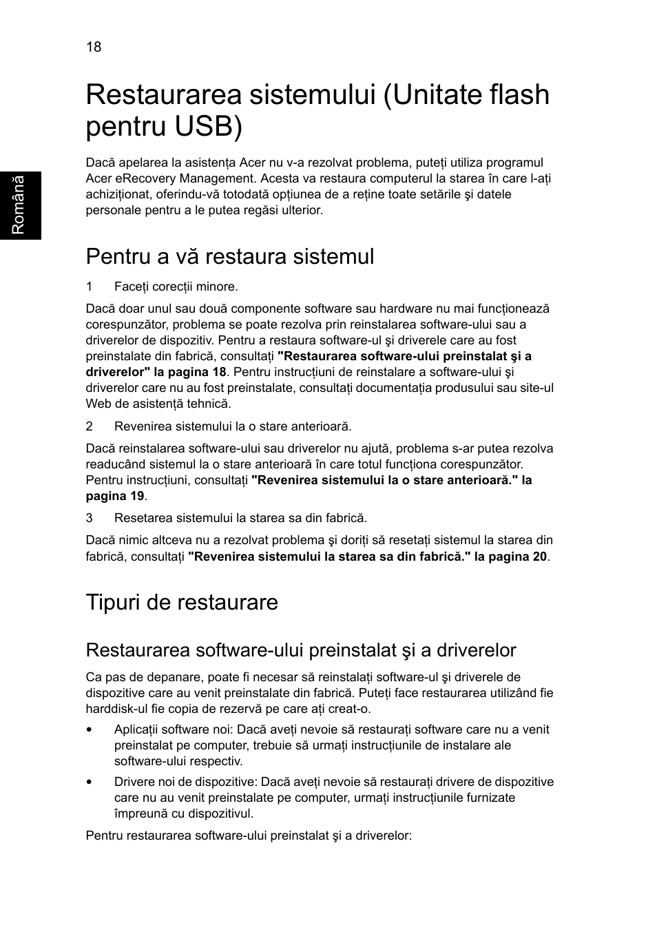 Restaurarea sistemului (unitate flash pentru usb), Pentru a vă restaura sistemul, Tipuri de restaurare | Acer Aspire 4739Z User Manual | Page 1410 / 2354