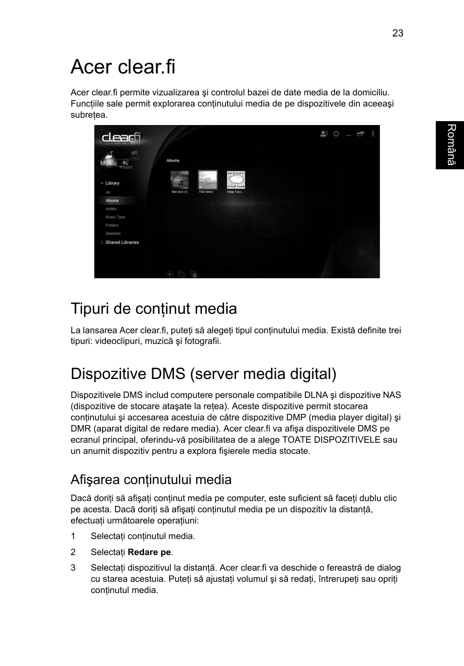 Acer clear.fi, Tipuri de conţinut media, Dispozitive dms (server media digital) | Afişarea conţinutului media | Acer Aspire 4739Z User Manual | Page 1415 / 2354