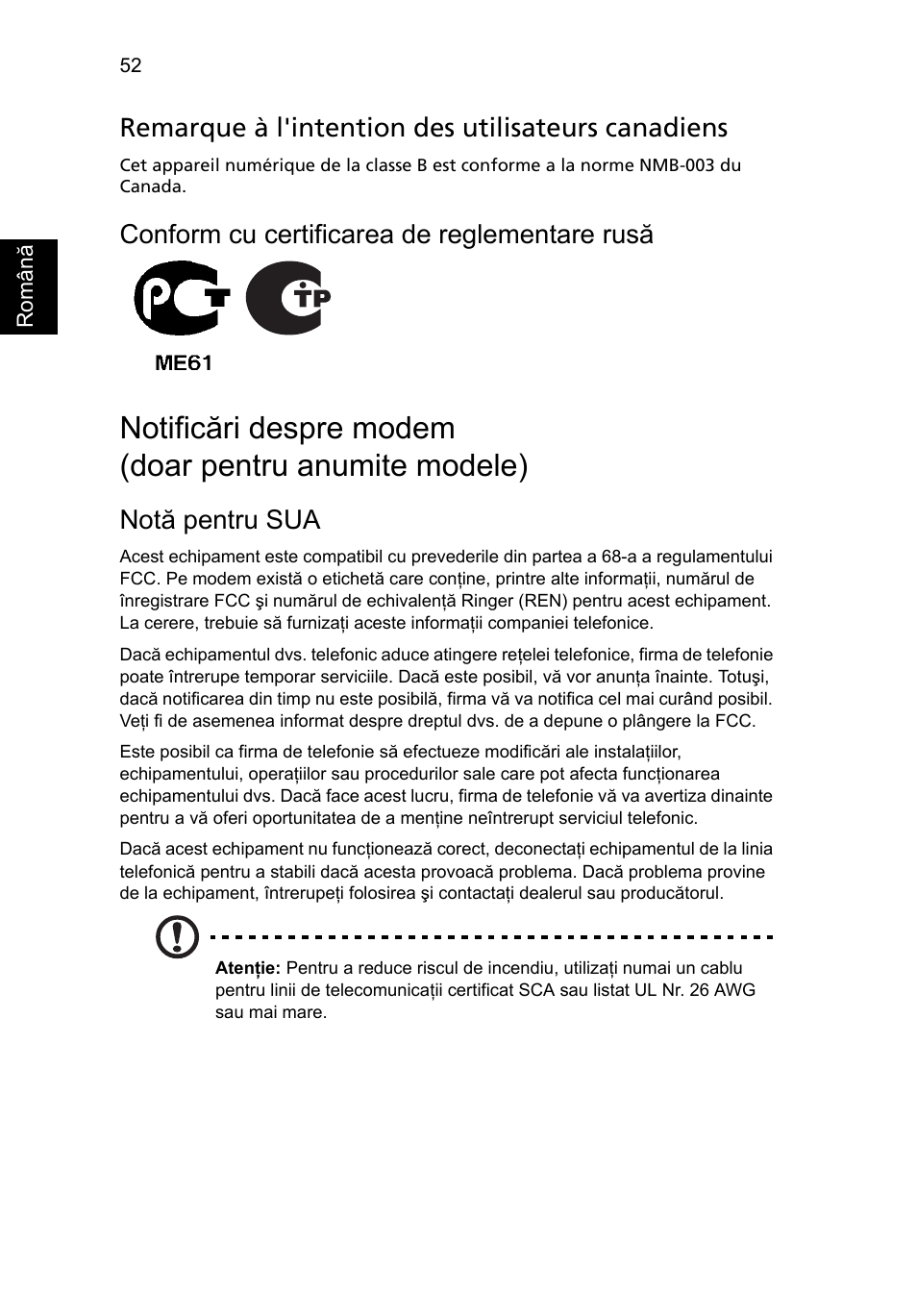Remarque à l'intention des utilisateurs canadiens, Conform cu certificarea de reglementare rusă, Notă pentru sua | Acer Aspire 4739Z User Manual | Page 1444 / 2354