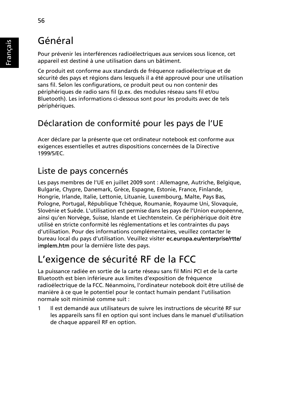 Général, L’exigence de sécurité rf de la fcc, Déclaration de conformité pour les pays de l’ue | Liste de pays concernés | Acer Aspire 4739Z User Manual | Page 154 / 2354