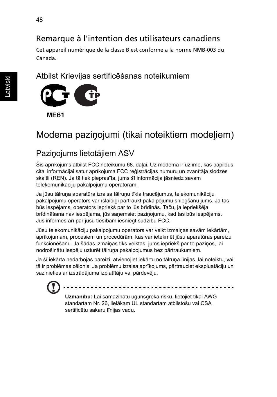 Modema paziņojumi (tikai noteiktiem modeļiem), Remarque à l'intention des utilisateurs canadiens, Paziņojums lietotājiem asv | Acer Aspire 4739Z User Manual | Page 1670 / 2354