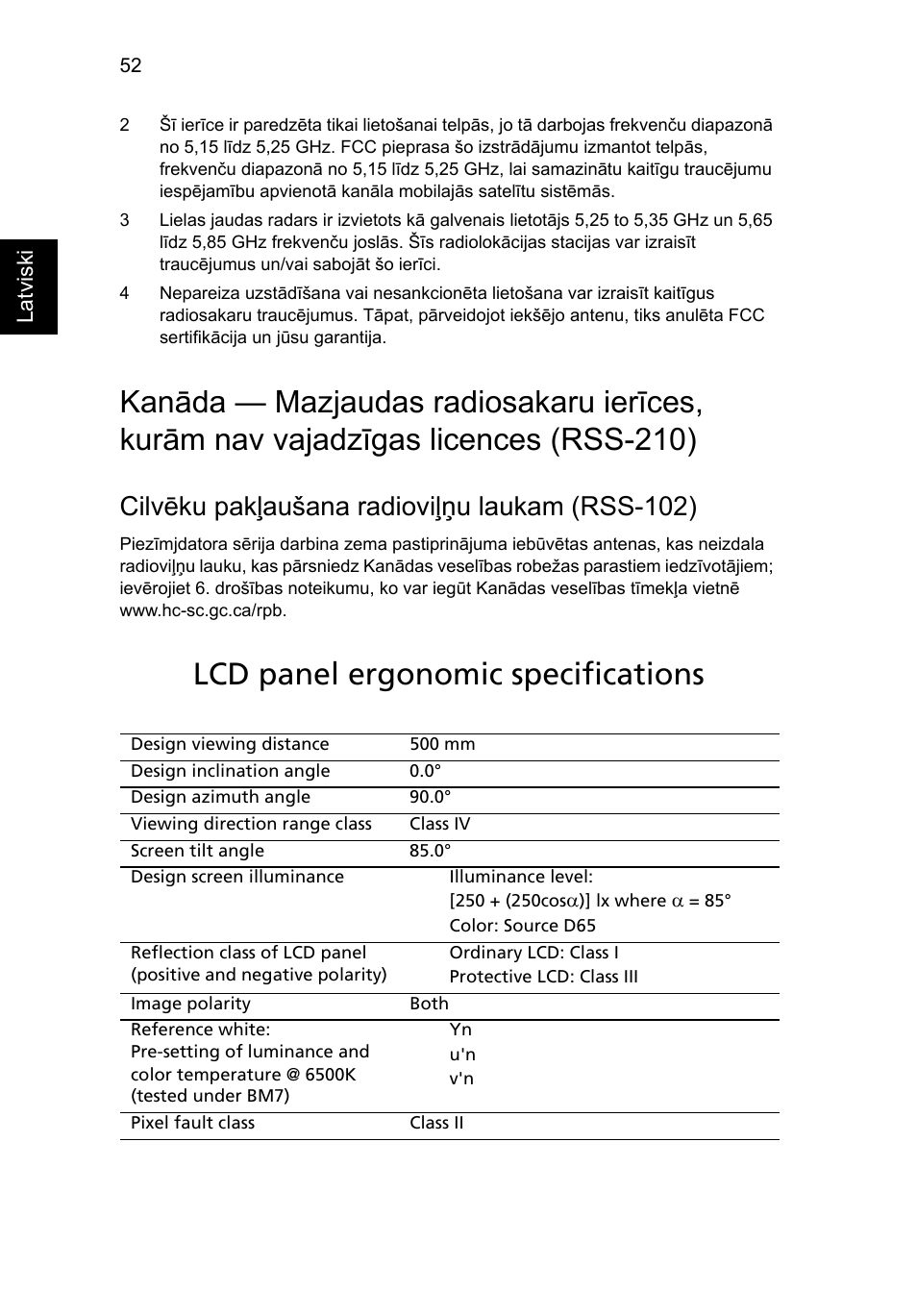 Lcd panel ergonomic specifications, Cilvēku pakļaušana radioviļņu laukam (rss-102) | Acer Aspire 4739Z User Manual | Page 1674 / 2354