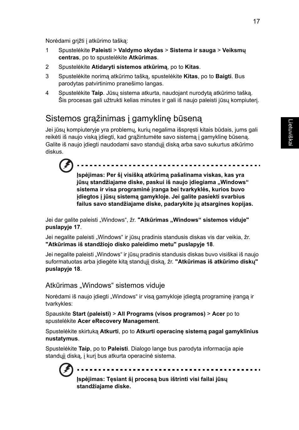 Sistemos grąžinimas į gamyklinę būseną | Acer Aspire 4739Z User Manual | Page 1711 / 2354