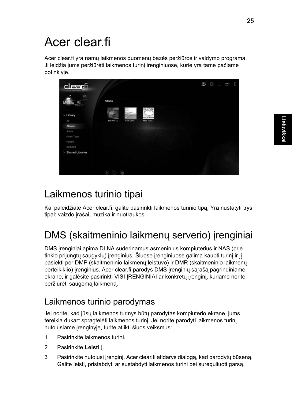 Acer clear.fi, Laikmenos turinio tipai, Dms (skaitmeninio laikmenų serverio) įrenginiai | Laikmenos turinio parodymas | Acer Aspire 4739Z User Manual | Page 1719 / 2354