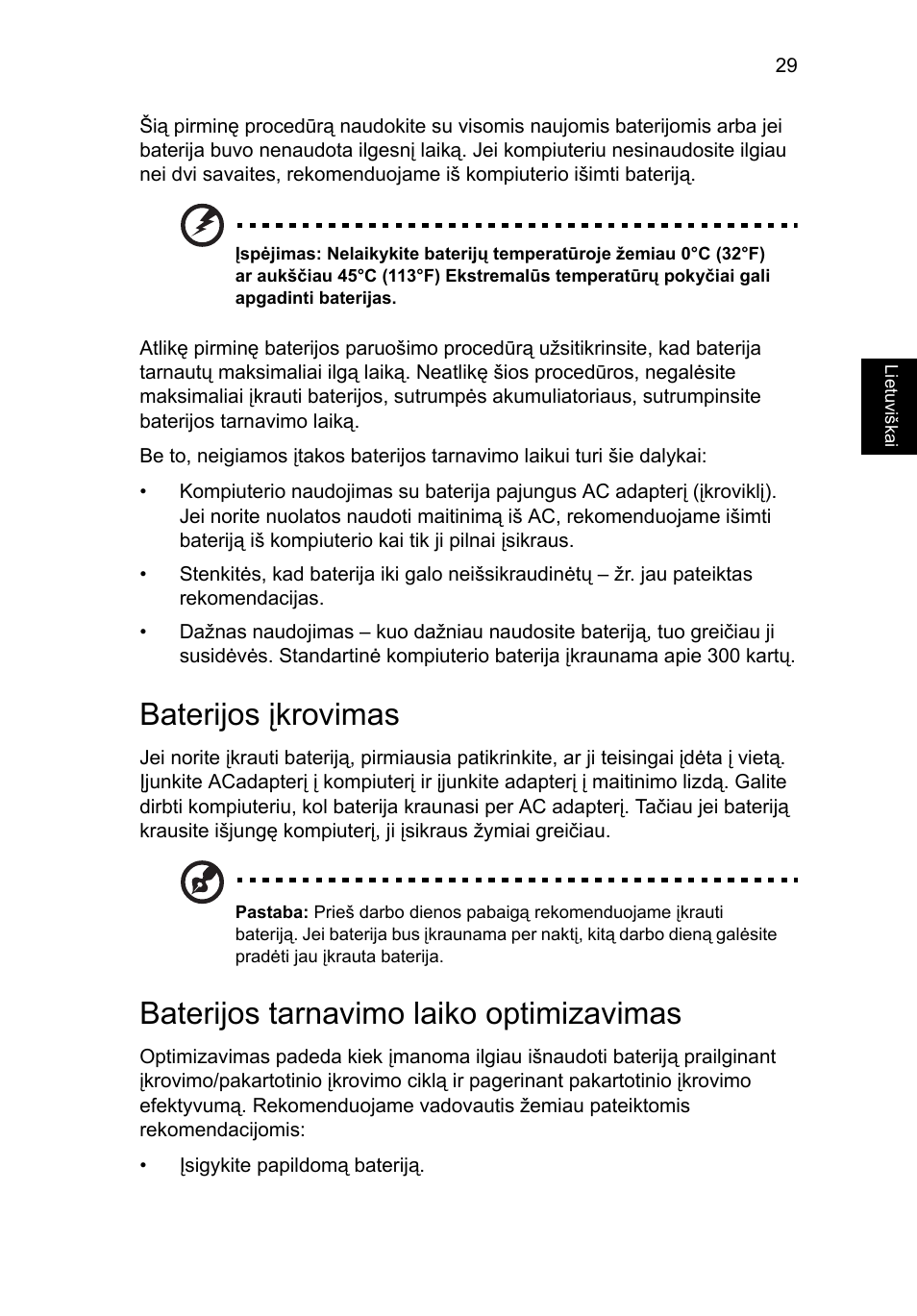 Baterijos įkrovimas, Baterijos tarnavimo laiko optimizavimas | Acer Aspire 4739Z User Manual | Page 1723 / 2354