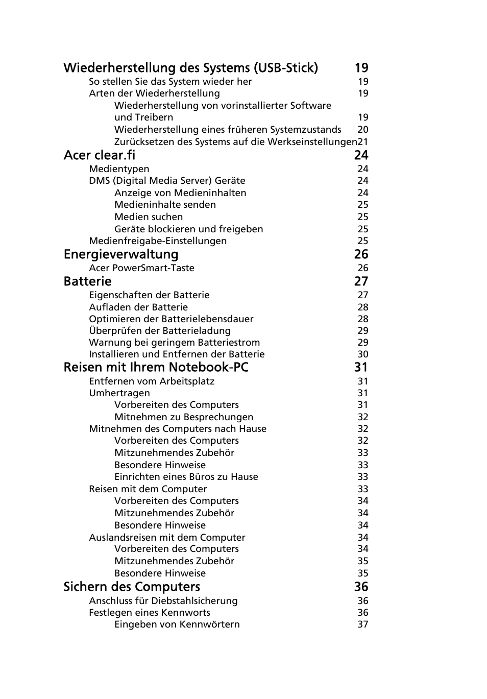 Wiederherstellung des systems (usb-stick) 19, Acer clear.fi 24, Energieverwaltung 26 | Batterie 27, Sichern des computers 36 | Acer Aspire 4739Z User Manual | Page 176 / 2354