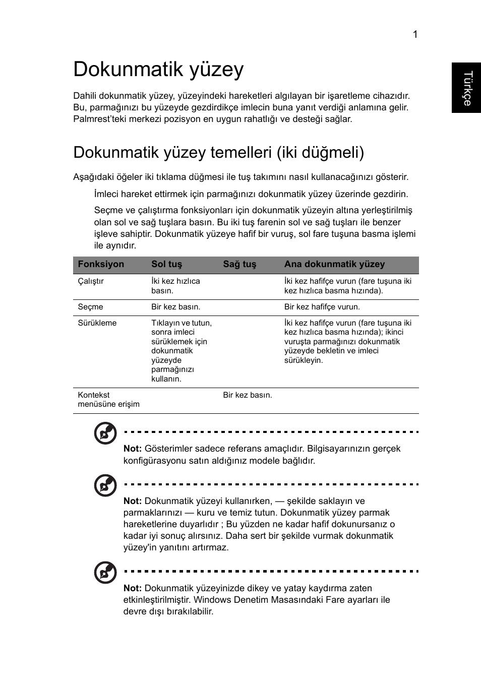Dokunmatik yüzey, Dokunmatik yüzey temelleri (iki düğmeli) | Acer Aspire 4739Z User Manual | Page 1859 / 2354