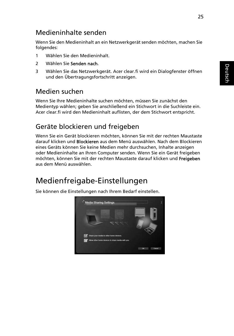 Medienfreigabe-einstellungen, Medieninhalte senden, Medien suchen | Geräte blockieren und freigeben | Acer Aspire 4739Z User Manual | Page 203 / 2354