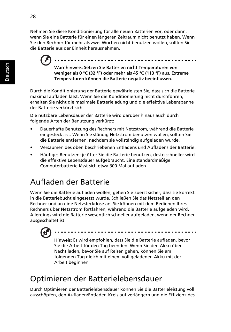 Aufladen der batterie, Optimieren der batterielebensdauer | Acer Aspire 4739Z User Manual | Page 206 / 2354