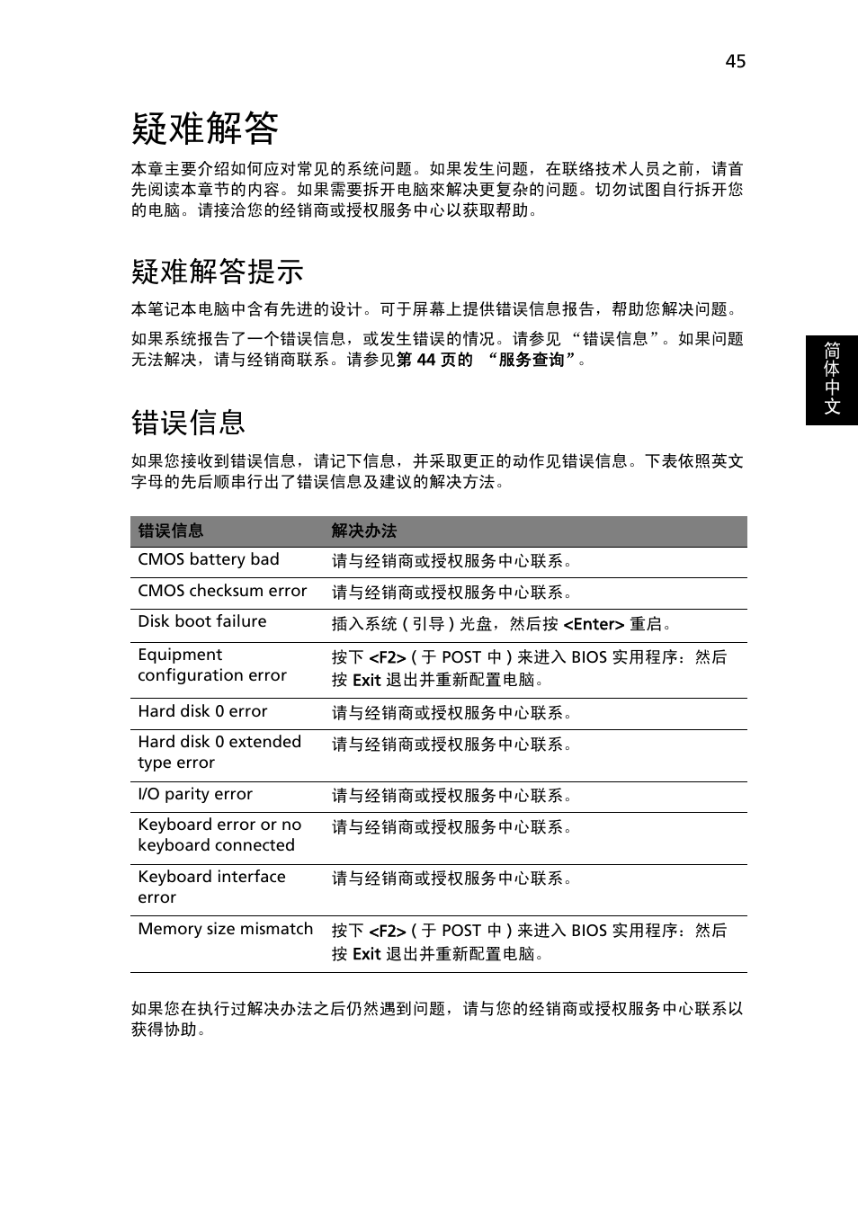 疑难解答, 疑难解答提示, 错误信息 | Acer Aspire 4739Z User Manual | Page 2193 / 2354