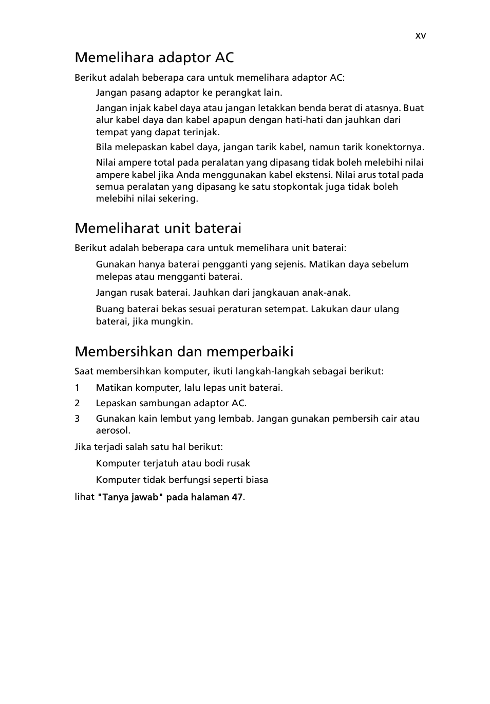 Memelihara adaptor ac, Memeliharat unit baterai, Membersihkan dan memperbaiki | Acer Aspire 4739Z User Manual | Page 2213 / 2354