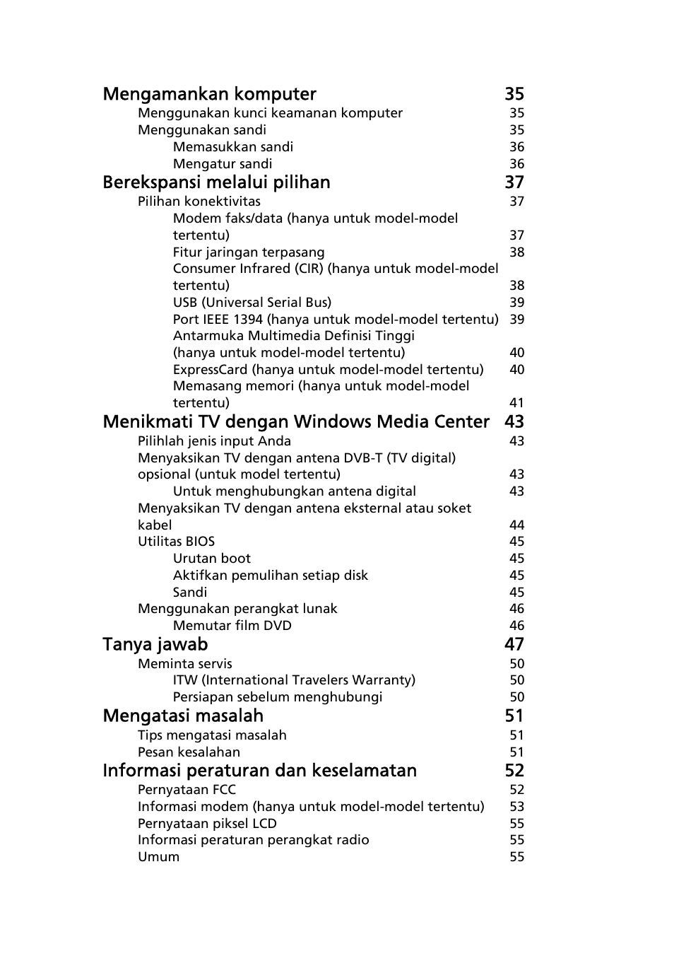 Mengamankan komputer 35, Berekspansi melalui pilihan 37, Menikmati tv dengan windows media center 43 | Tanya jawab 47, Mengatasi masalah 51, Informasi peraturan dan keselamatan 52 | Acer Aspire 4739Z User Manual | Page 2217 / 2354