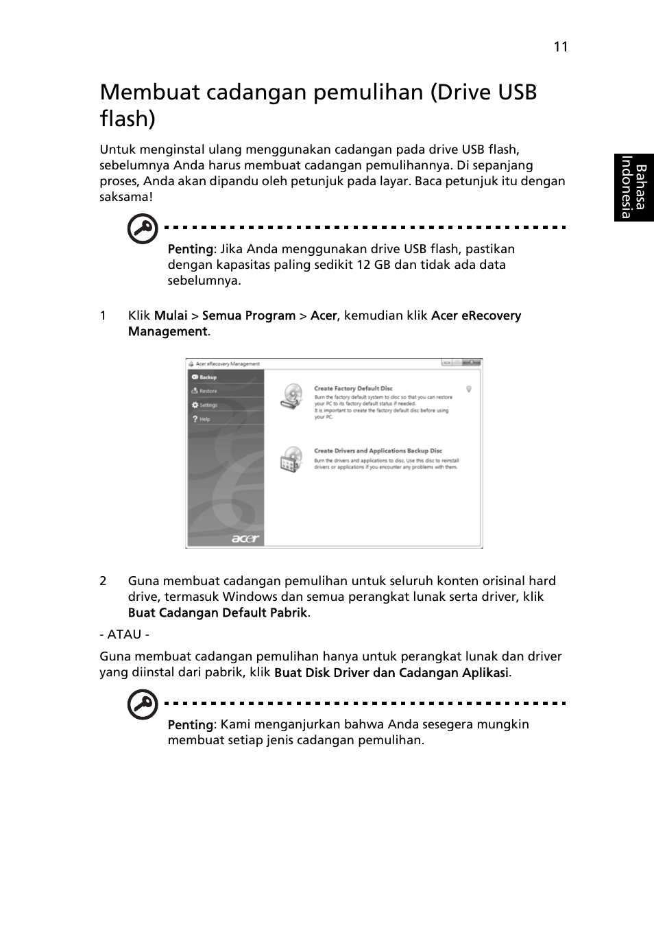 Membuat cadangan pemulihan (drive usb flash) | Acer Aspire 4739Z User Manual | Page 2229 / 2354