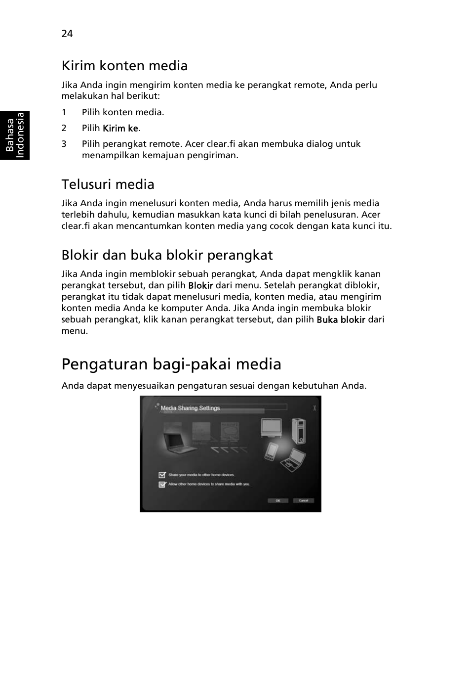 Pengaturan bagi-pakai media, Kirim konten media, Telusuri media | Blokir dan buka blokir perangkat | Acer Aspire 4739Z User Manual | Page 2242 / 2354