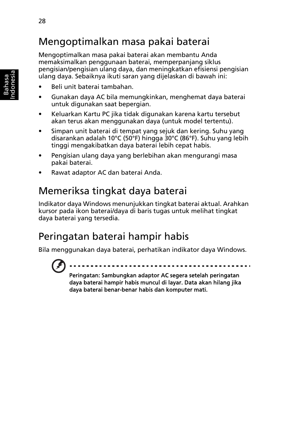 Mengoptimalkan masa pakai baterai, Memeriksa tingkat daya baterai, Peringatan baterai hampir habis | Acer Aspire 4739Z User Manual | Page 2246 / 2354