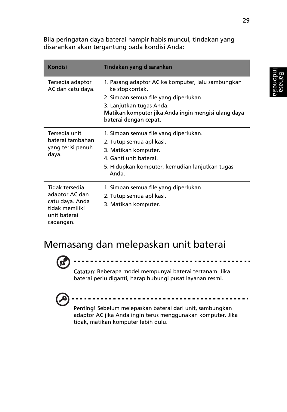 Memasang dan melepaskan unit baterai | Acer Aspire 4739Z User Manual | Page 2247 / 2354