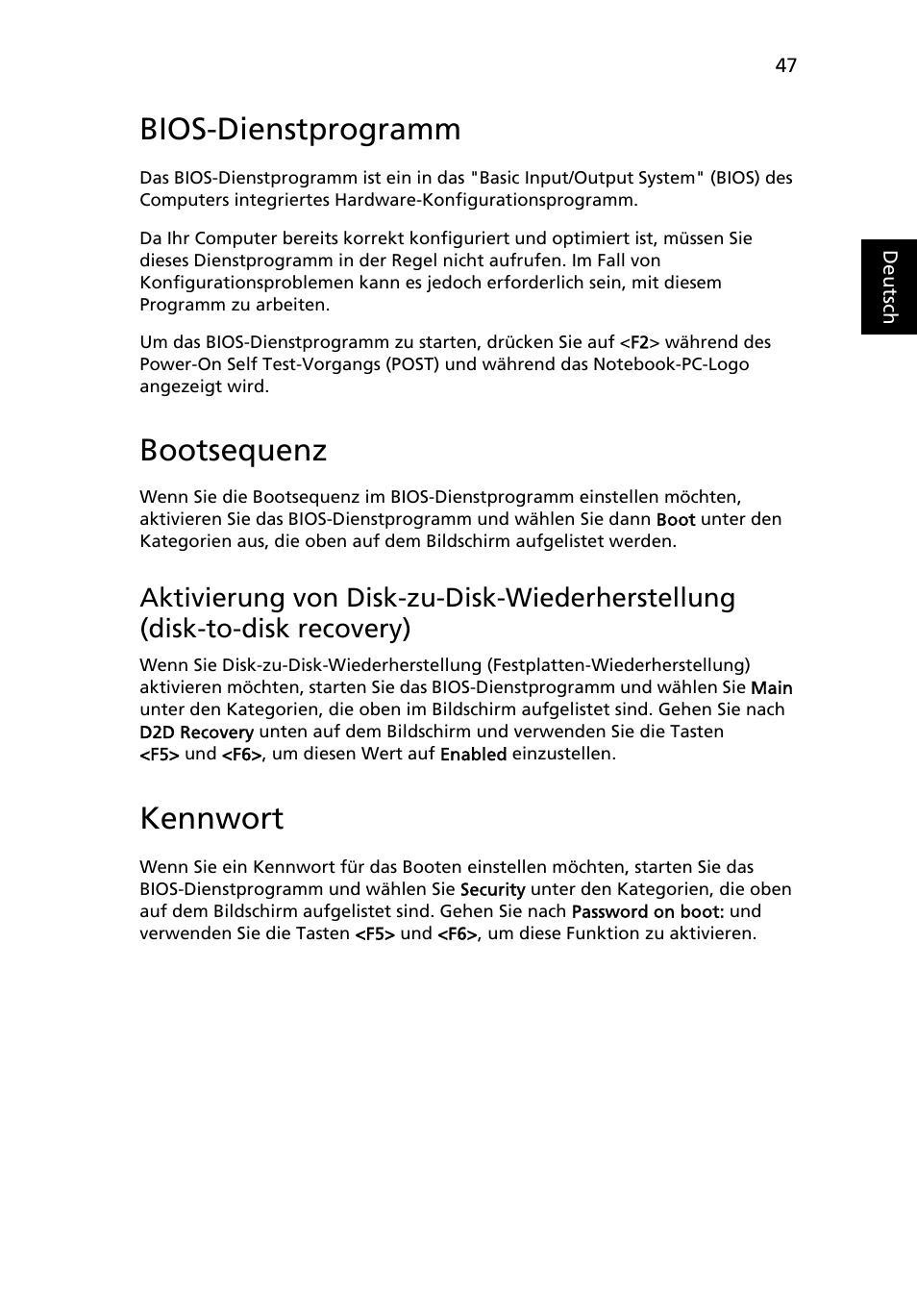 Bios-dienstprogramm, Bootsequenz, Kennwort | Acer Aspire 4739Z User Manual | Page 225 / 2354