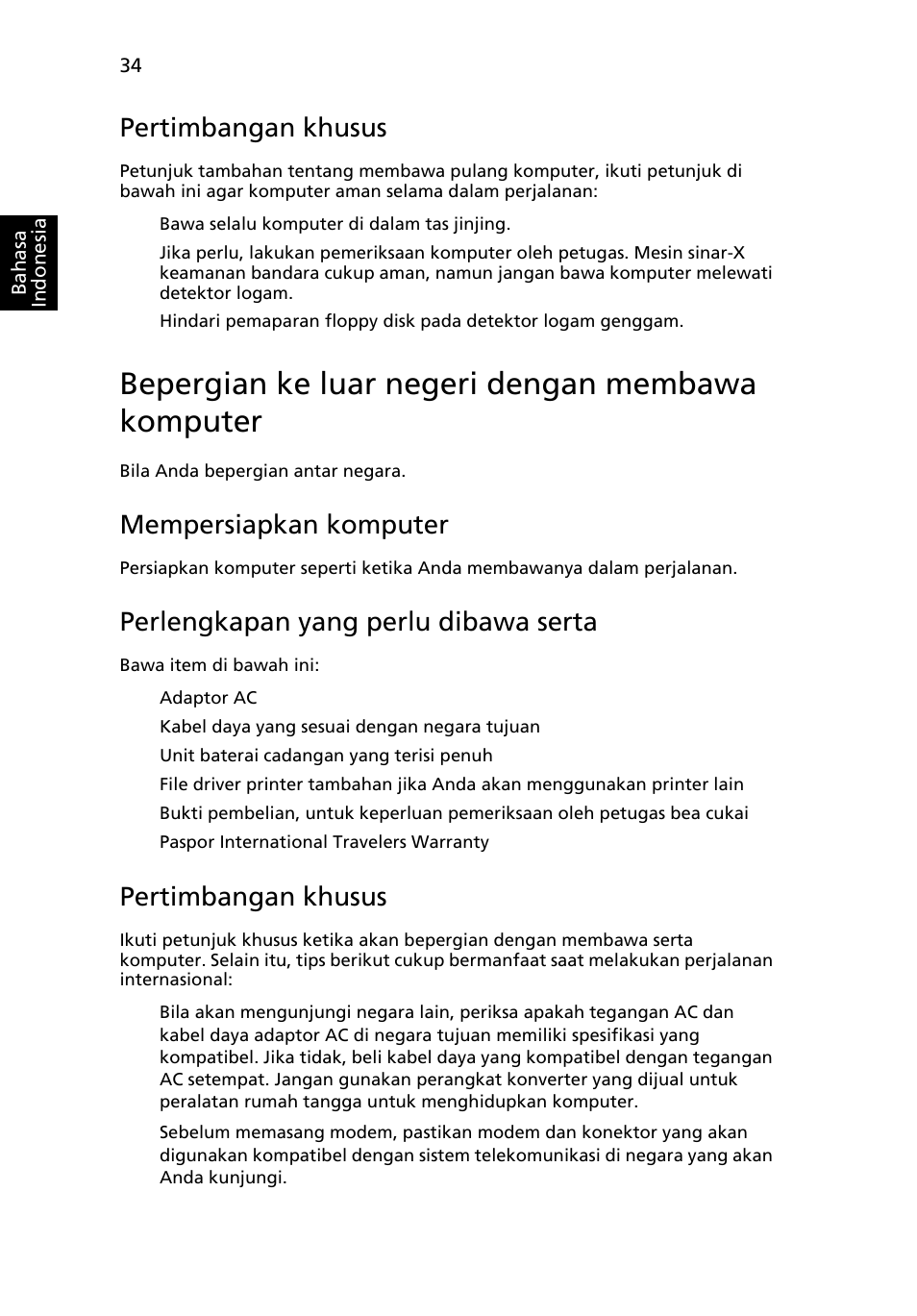 Bepergian ke luar negeri dengan membawa komputer, Pertimbangan khusus, Mempersiapkan komputer | Perlengkapan yang perlu dibawa serta | Acer Aspire 4739Z User Manual | Page 2252 / 2354